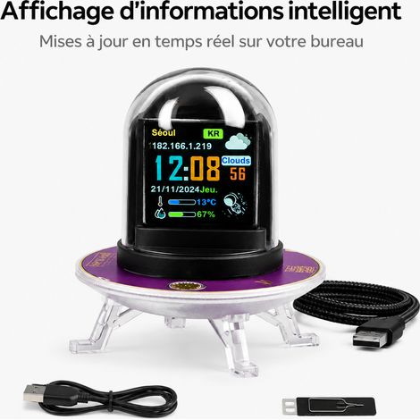 Horloge de bureau connectée UFO écran LCD météo bourse crypto heure aiguilles et numérique 12 g – Livraison gratuite (1/5)