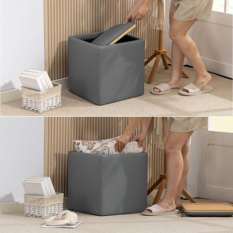 Tabouret de rangement avec couvercle, cube assise carré en similicuir 40 x 40 x 40 cm gris, pouf coffre avec espace de stockage (1/5)