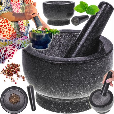 Mortaio in granito nero, pestello in pietra per erbe aromatiche, spezie e medicinali in cucina. (1/5)