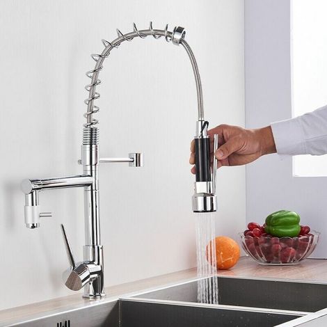 1 robinet de cuisine, poignée unique, rotation 360°, douchette extractible, mitigeur pivotant, pour évier (1/5)