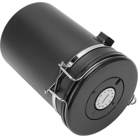 Boîte de conservation pour grains de café en acier inoxydable, hermétique, avec cuillère doseuse de 30 ml et fonction de suivi de la date. Capacité : 1,8 L, couleur noire. (1/5)