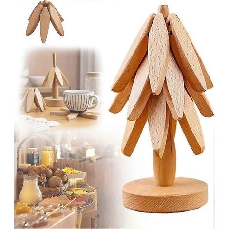 Dessous de verre en bois compatibles avec les plats chauds. Ensembles de dessous de verre en bois de forme adaptée aux théières. (1/4)