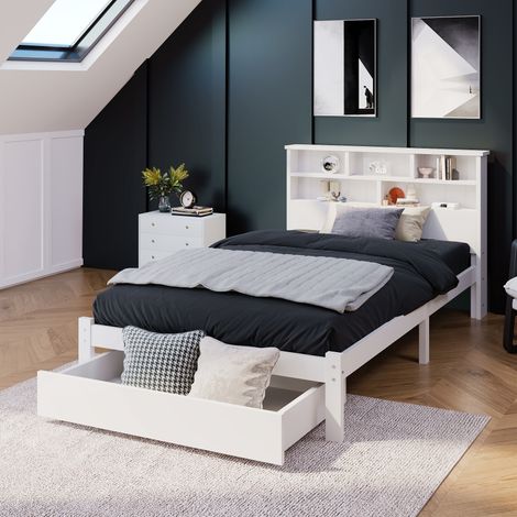Einzelbett 90x200 cm Weiß aus Massivholz mit Stauraum, Schubladen und Bücherregal-Kopfteil, Jugendbett inkl. Lattenrost, bis 120 kg (1/5)