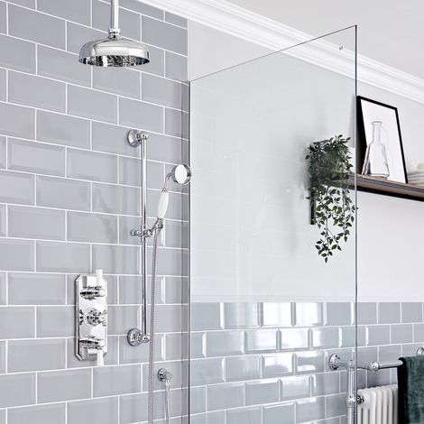 Hudson Reed Elizabeth - Kit de douche rétro - Mitigeur thermostatique à double fonctions&44 Pommeau pluie rond plafonnier de 20 cm et Kit douchette sur rampe - Chromé et blanc (1/5)
