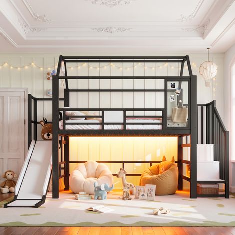 Letto a soppalco per bambini nero in metallo con scivolo e LED Bluetooth 90 x 200 cm (1/5)