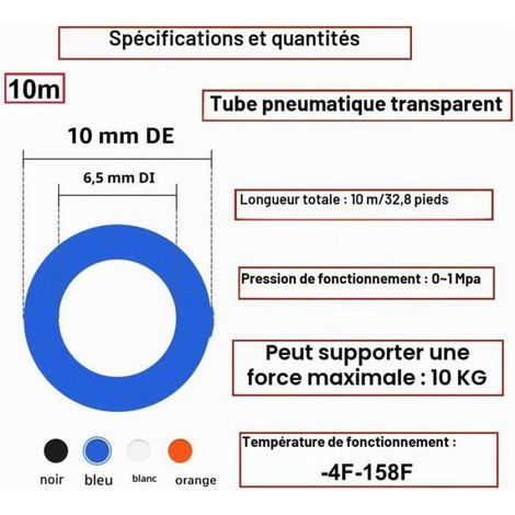Tuyau pneumatique transparent 10 m en polyuréthane 10 mm x 6,5 mm - 14 raccords push inclus (1/4)
