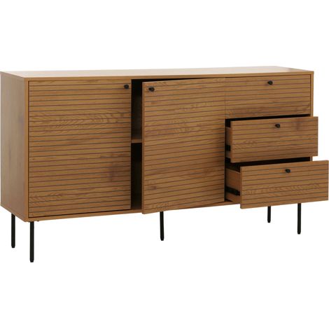 Cassettiera HHG-292, credenza, 3 cassetti 2 ante, stile scandinavo metallo legno melamina MVG 85x150x40cm, naturale (1/5)