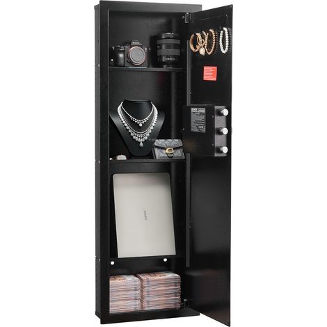 Coffre-fort Mural, Armoire Forte Dissimulée pour Armes à Feu, 4 Niveaux, Déverrouillé par Mot de Passe et Clé, Boîtier Encastrable en Acier Laminé à Froid, avec Étagères Réglables et Porte-clés (1/5)