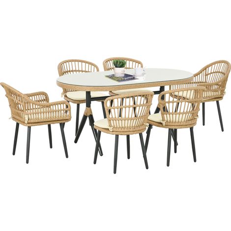Gartenmöbel Set 7-teilig Essgruppe Polyrattan mit Gartentisch 153x89x74 cm und 6 Gartenstühle mit Kissen Grau