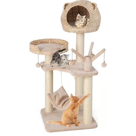Goplus – Arbre à chat 121 cm – 4 niveaux avec niches et poteaux en sisal – Coussin souple et boules – Structure stable pour plusieurs chats (1/5)