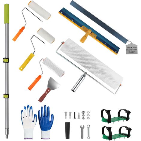 13er Kit D'outils de Ciment Autonivelant, 3&5MM Raclette Dentée Double Face, Rouleau Debulleur, Rouleau Enduit, Perche Telescopique, Lawn Aerator Shoes, Grattoir Peinture, Gants, pour Enduire (1/5)