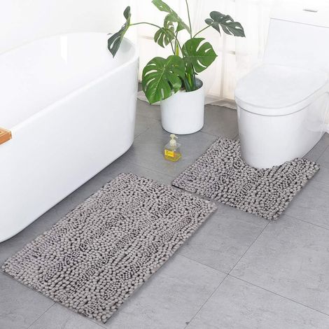 Set of 2 soft chenille bath mats for bathroom, shower, toilet (light grey, light grey) (1/5)