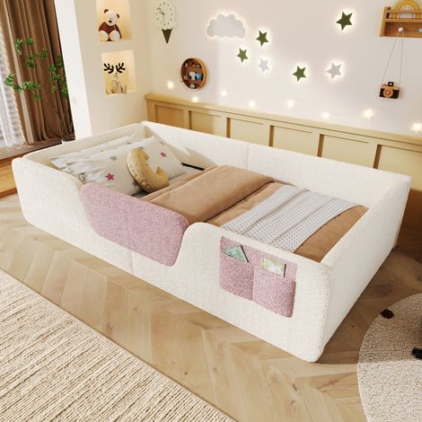 Lit enfant rembourré 90x190 cm en velours avec barrières de sécurité amovibles et poche de rangement latérale, pour chambre d’enfant - Beige (1/5)