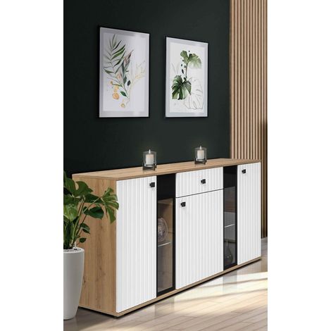 FURNIX buffet SARAI tiroir 3 portes LED buffet portes en verre 140 cm Artisan blanc (1/5)