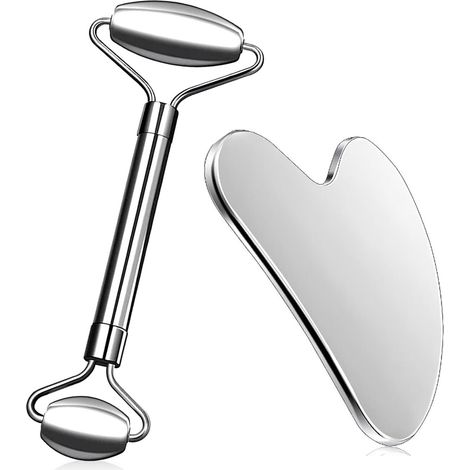 Roller&Gua Sha Scraping Massage Tool,Gua Sha Masseur,Rouleau beauté visage,pour détend la peau,le rajeunir la peau,Acier Inoxydable (1/5)