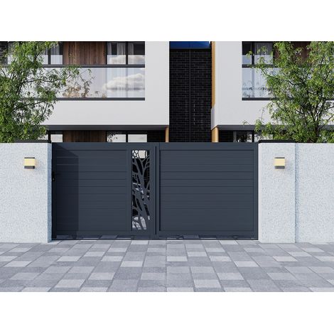 Portail électrique coulissant aluminium semi ajouré à motifs L400 x H187 cm anthracite LABRIT II (1/4)
