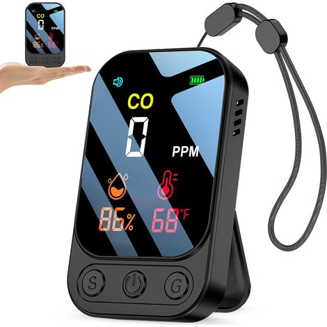Wiederaufladbarer Kohlenmonoxidmelder, tragbarer 3-in-1-CO-Alarm (Kohlenmonoxid, Temperatur, Luftfeuchtigkeit), für Zuhause, Camping und Wohnwagen (Schwarz)