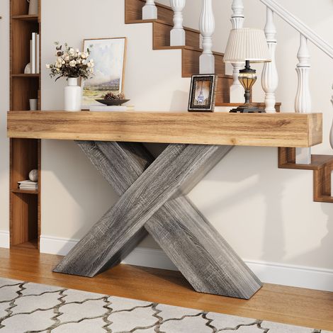 Console 140x30x80 cm avec piétement en X, table d'entrée étroite, aspect bois, MDF, naturel