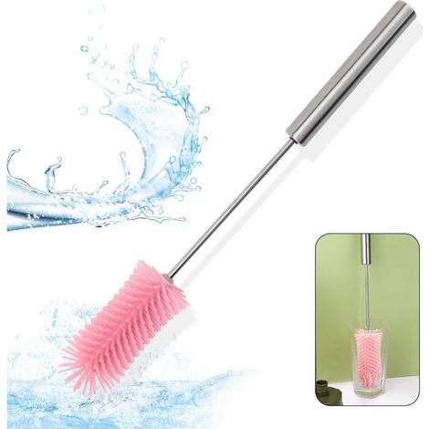 1 brosse à bouteille rose - En silicone - Long manche - Longueur : 37 cm - Fonction rotative pour un nettoyage en profondeur - Bouteille d'eau, verre et bouteille de lait (1/5)