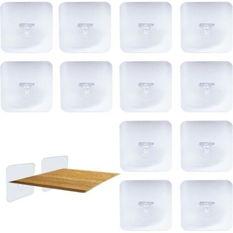12 Pièces Fixation Support étagère Sans Percer Autocollante, Transparent D'étagère Supports D'étagères Autocollants Muraux Adhésifs Sans Perforation pour étagères Placard Penderies (60 x 60 mm) (1/4)