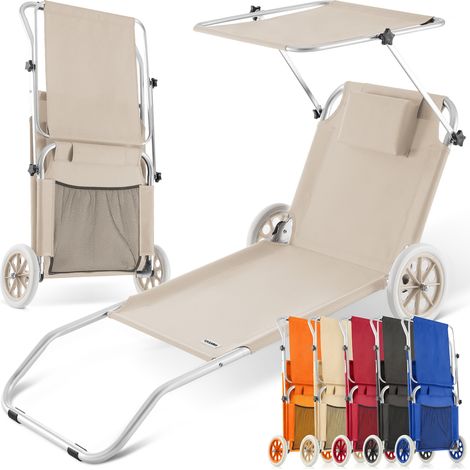 CASARIA® Tumbona Plegable 2 Ruedas Parasol Silla Playa Portátil Reclinable Cojín Balcón Terraza Exterior Beige (1/5)