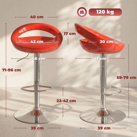 Ensemble de 2 tabourets de bar pivotants avec repose-pieds, réglables en hauteur, base en acier, assise en plastique ABS, rouges (1/5)