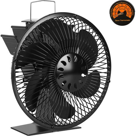 Randaco Ventilateur pour poêle à bois 6 pales avec grille de protection et thermomètre, noir (1/5)