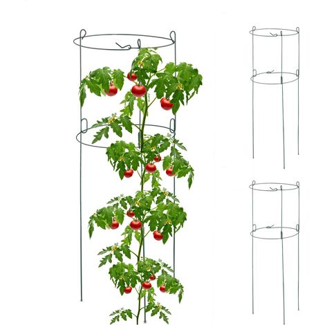 Relaxdays Tuteur à tomates/concombres en lot de 3, support pour plantes, 2 anneaux, H x D : env. 76 x 26 cm, vert