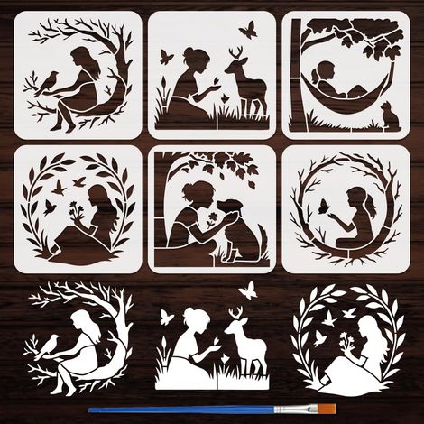 6 Pochoir Humain et Nature pour Peinture Au Pinceau 20x20cm Modèle de Personnes Plantes Animaux Arbres Oiseaux Chiens Silhouette Modèle de Thème Nature pour Décoration de Sol (1/5)