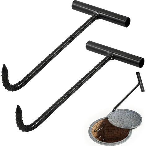 Lot de 2 leviers de couvercle de canalisation, crochets en acier de 30 cm, crochets de couvercle de regard en forme de T, crochets de déchargement et de tirage, crochets pour couvercle de regard (1/5)