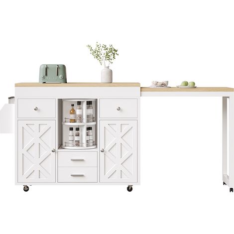 Table de bar moderne extensible, desserte de cuisine avec plateau extensible, organisateur rotatif 360°, étagères réglables, chariot de bar avec roulettes et porte-serviettes, idéal petits espaces