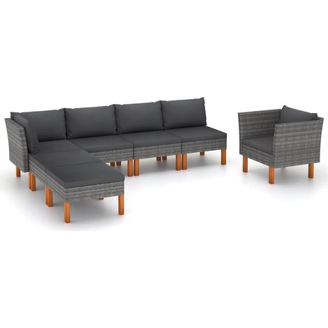 Salon de jardin 7 pcs Ensemble Table et Chaise de Jardin - Résine tressée et bois d'eucalyptus Gris BV717563 - BonneVie (1/5)