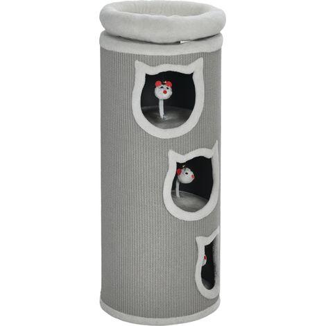 Griffoir en forme de tonneau, 96 cm, arbre à chat à 4 niveaux avec couchage lavable, 3 niches, jouets suspendus, pour plusieurs chats, gris