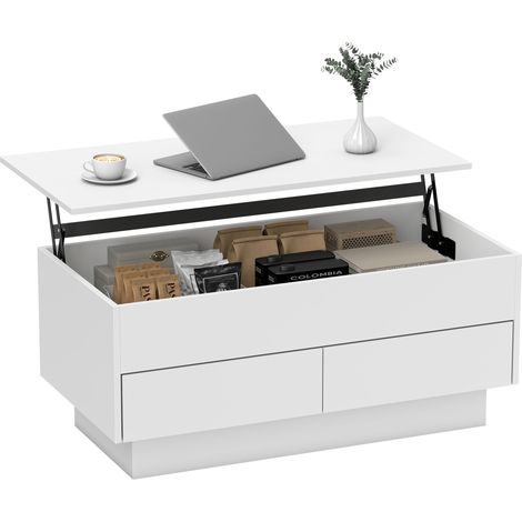 Table basse relevable, table de salon avec compartiment caché et 2 tiroirs, 100 x 50 x 44 cm, blanc (1/5)