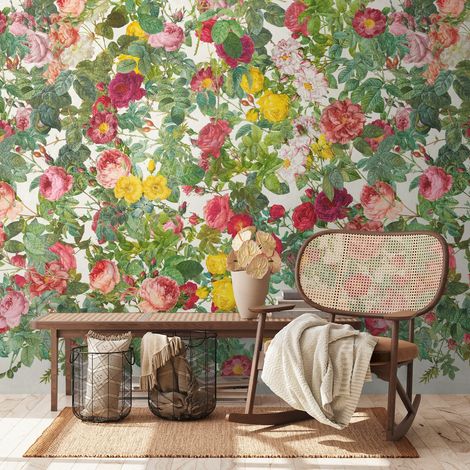 Fototapete Profhome 398641 heißgeprägte Vliestapete glatt mit Blumen-Muster matt grün rosa rot gelb 1,59 m x 2,8 m