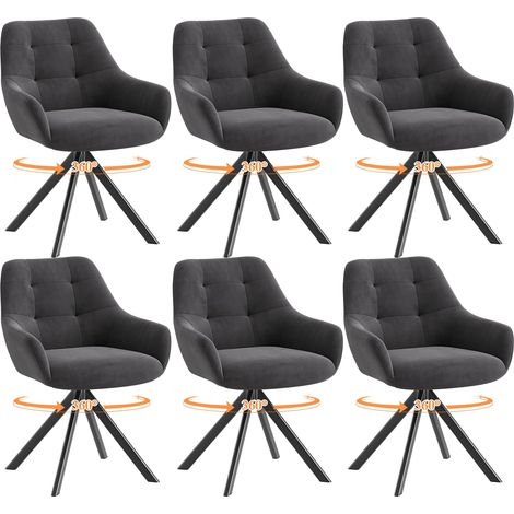 Lot de 6 Chaises de Salle à Manger Pivotantes à 360°, Chaises avec Accoudoirs en Tissu Moelleux et Piètement Métal, Chaises Confortables Pivotantes avec Dossier pour Cuisine, Bureau, Gris (1/5)