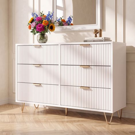 Commode 6 tiroirs - meuble de rangement à 3 niveaux - motifs vagues,poignées dorées,pieds dorés pour chambre,salon - style moderne - blanc