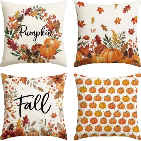 Fundas de cojín con estampado de calabazas otoñales (45 x 45 cm), juego de 4 con hojas de arce, piñas y flores. (1/5)