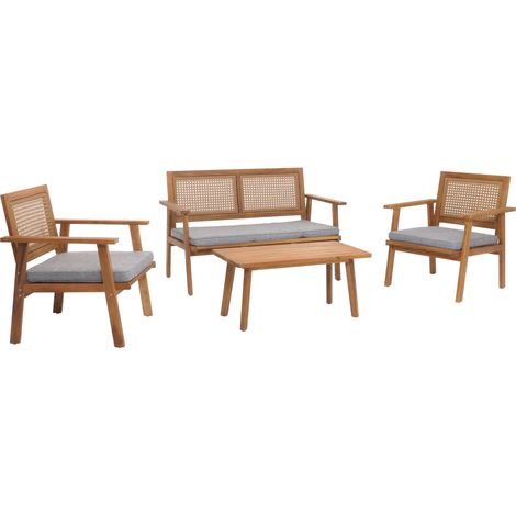 Garten-Garnitur HHG-961, Lounge-Set Gartenlounge Bank Sessel Tisch, Holz Akazie MVG-zertifiziert Kissen grau