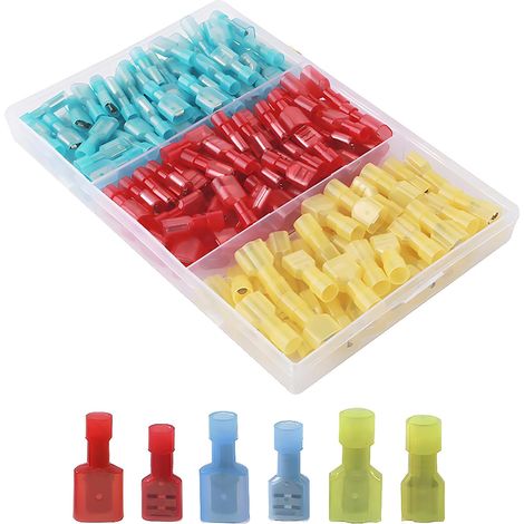 Vollisolierter Stecker/Buchse  Drahtanschlussklemme  Schnellkupplungs-Drahtklemmen  Flachkabelschuh  Rot / 22–16 AWG, Blau / 16–14 AWG, Gelb / 12–10 AWG