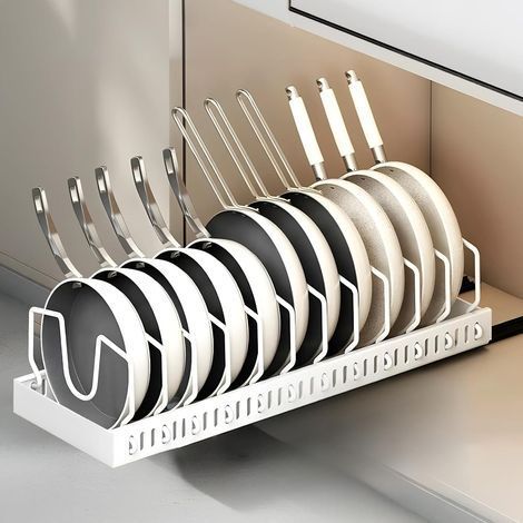 Rangement Poêle et Casserole, Range Couvercle avec 12 Compartiments Réglables, Porte Casserole Support Extensible, Rangement Couvercle pour Tiroir Cuisine (1/5)