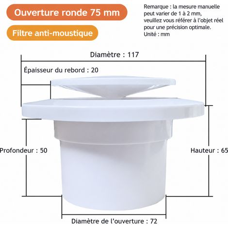 Bouche d'aération circulaire VMC à disque 75 mm blanc avec filtre et clips 2 75mm blanc 11,7 × 11,7 × 6,5 cm 90 g – Livraison gratuite