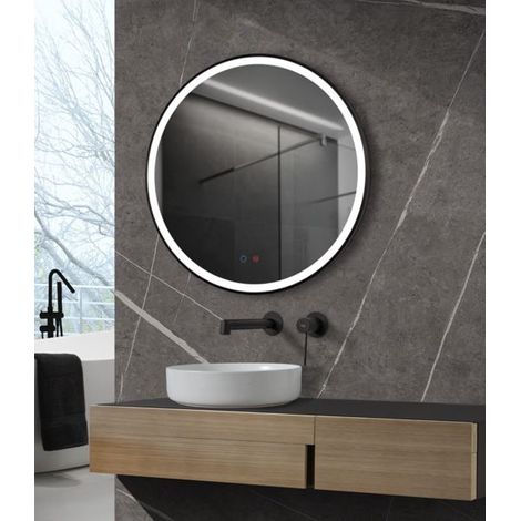 Espejo con luz led para baño, dormitorio, vestidor redondo, luz frontal triled (luz cálida, neutra y fría) doble sensor antovaho Ø70 cm Negro Mate (1/5)