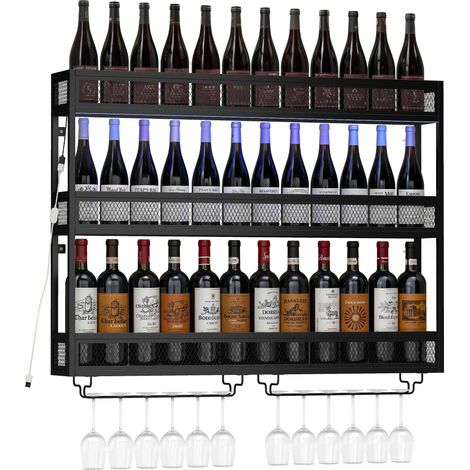 HOMCOM Wall-Mounted Wine Rack with LED Lights, Glass Holders, Black (1/5)