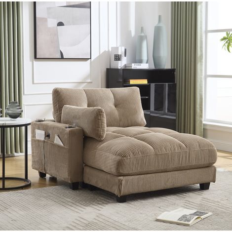 Fauteuil lounge 140x112x81 cm kaki en velours côtelé avec porte-gobelets, port USB et poches latérales (1/5)