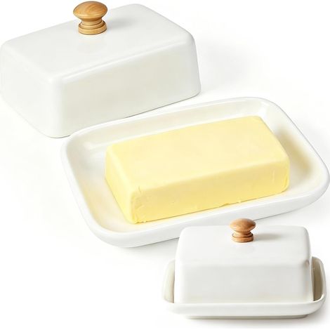 Beurrier en céramique avec couvercle - Beurrier pour 250 g de beurre - Blanc - Pour réfrigérateur et table - Passe au lave-vaisselle - Pour cuisine, petit déjeuner et maison