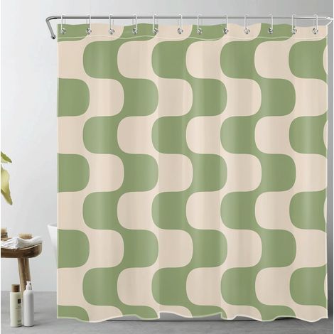 Moderne Rideaux de Douche 180x200cm Vert rayé sur Beige Vintage Rideaux de Bain avec Crochets,Art Abstrait Extra Longue Imperméable Polyester Anti Moule Salle de Bain Décor (1/5)