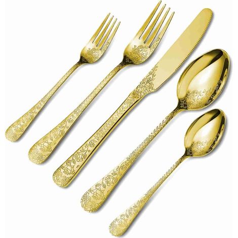 Vtizikl Ensemble de couverts pour 4 personnes, couteaux, fourchettes, cuillères, fournitures de table à manger, doré (1/4)