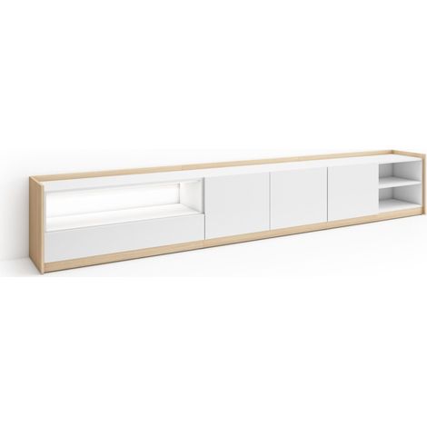 Skraut Home - Mueble TV, Televisión, Muebles de salón, almacenaje, 310x37x50cm, Para TV hasta 80", LED, Estilo Moderno, Blanco y roble soft (1/5)
