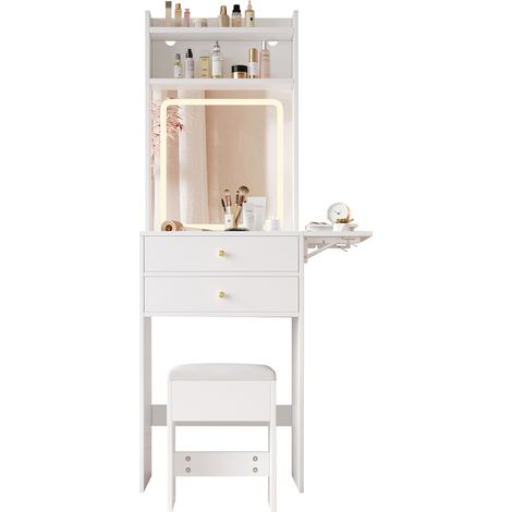 Coiffeuse LED blanche compacte avec plateau rabattable, 2 tiroirs, 2 niches ouvertes, rangement latéral et miroir, idéale pour petite chambre - CHICFURN (1/5)
